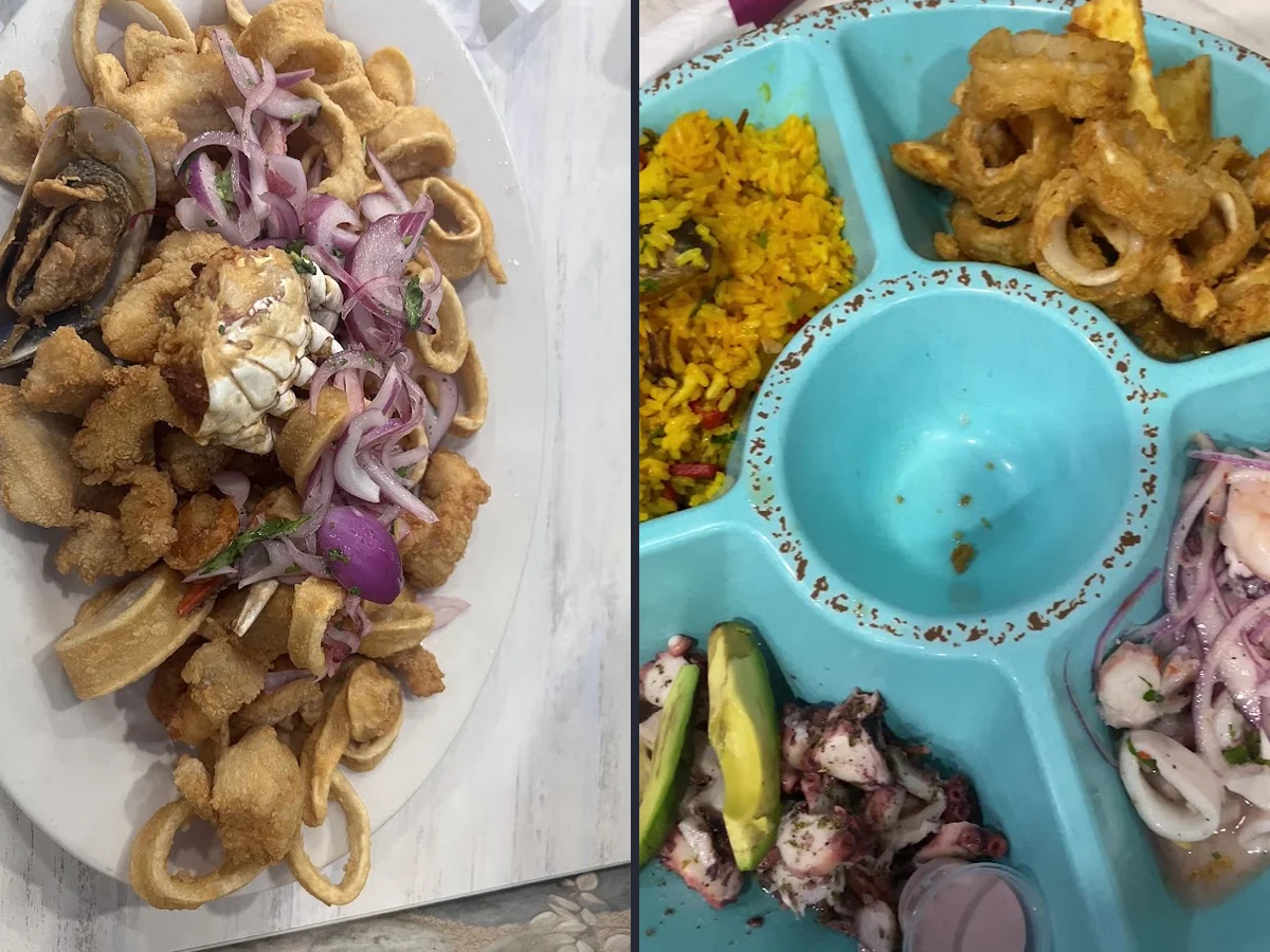 Plates of ceviche and fried seafood on display.